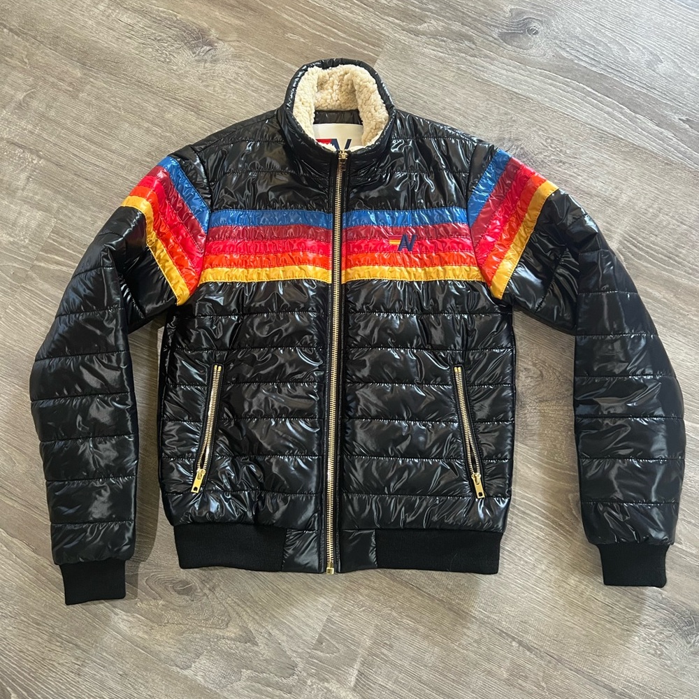 Aviator Nation Black Glossy 5 Stripe Jacket SZ XS